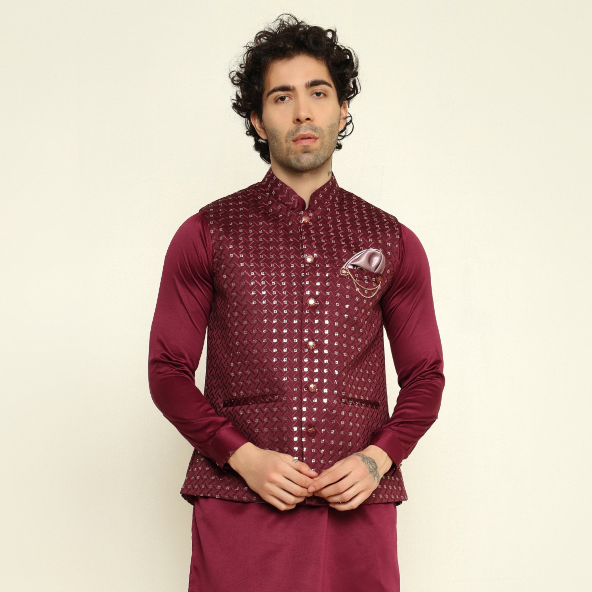 Embossed Nehru Jacket With Solid Kurta Set For Men
