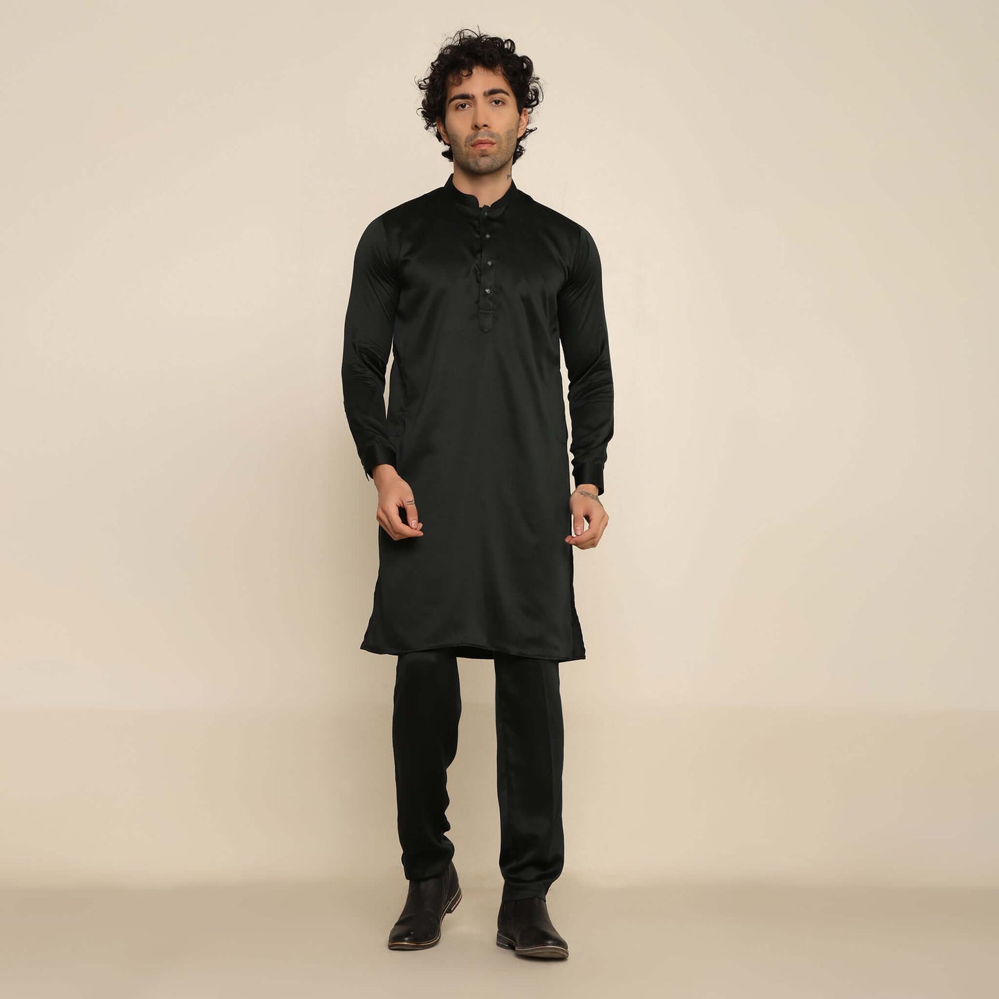 Black Sequence Embroidered Kurta Koti Set for Men
