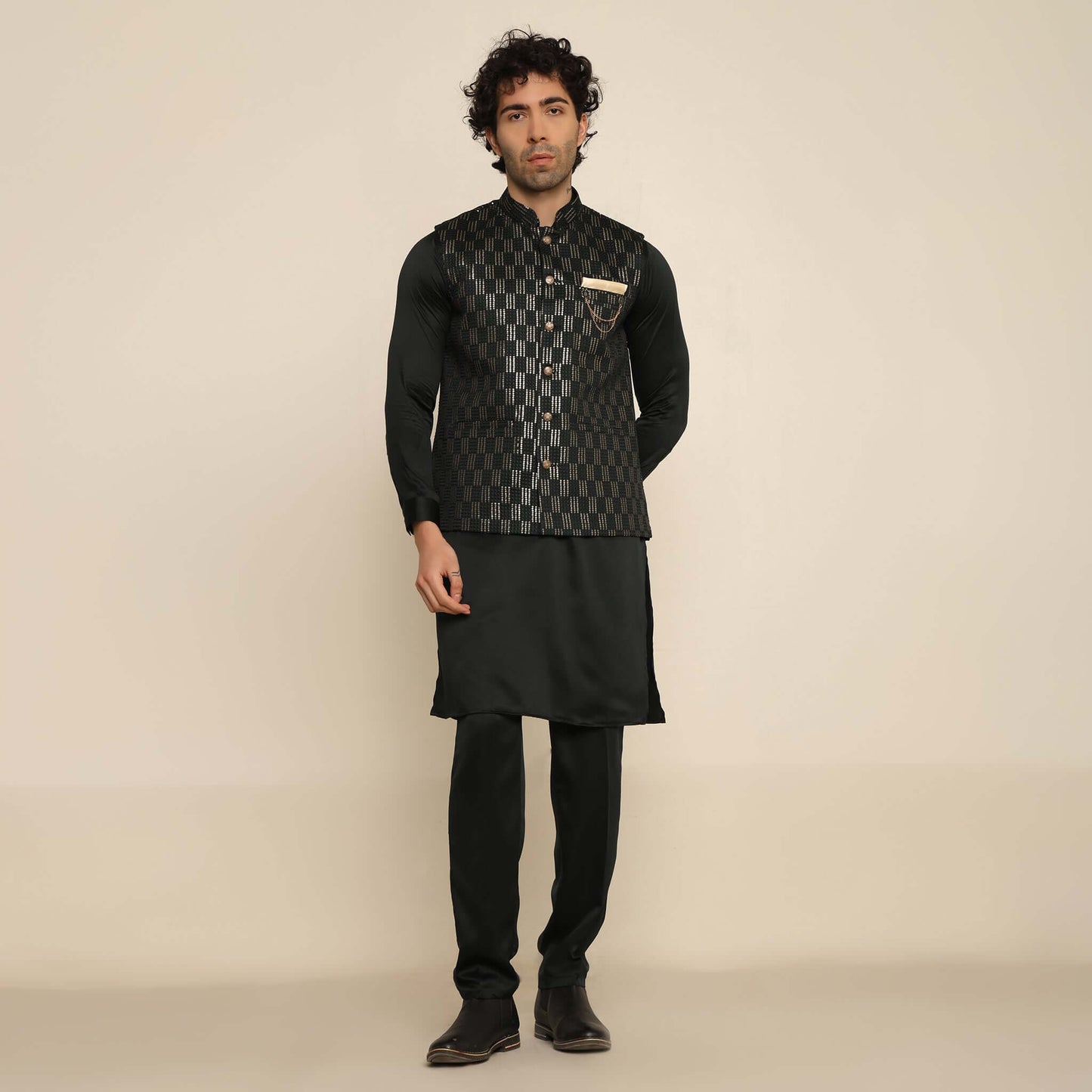 Black Sequence Embroidered Kurta Koti Set for Men
