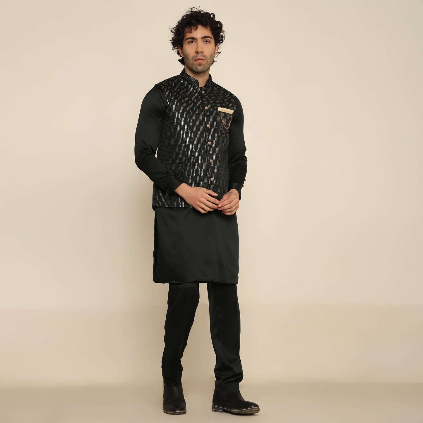 Black Sequence Embroidered Kurta Koti Set for Men
