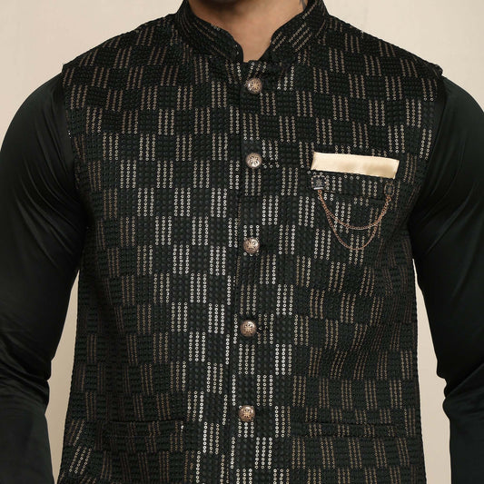Black Sequence Embroidered Kurta Koti Set for Men