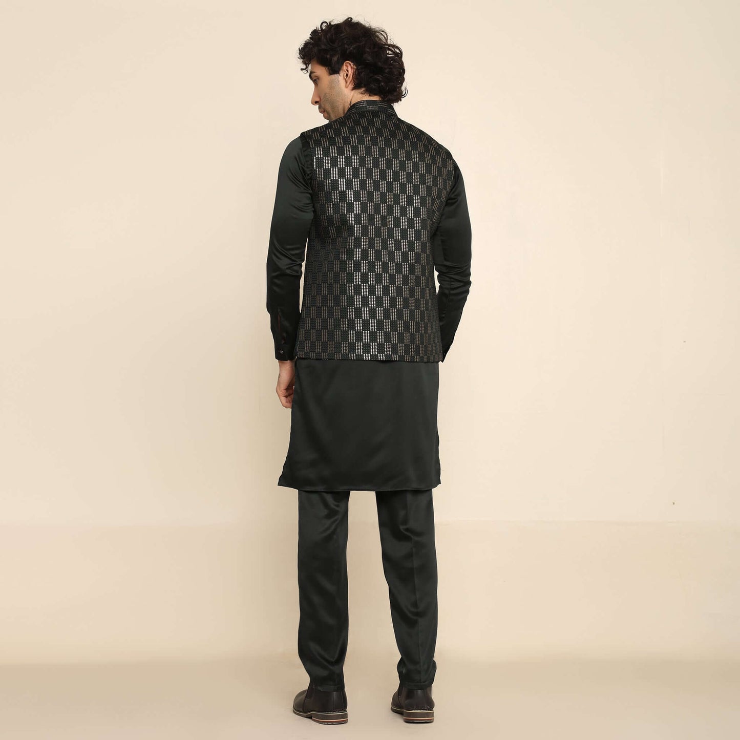 Black Sequence Embroidered Kurta Koti Set for Men