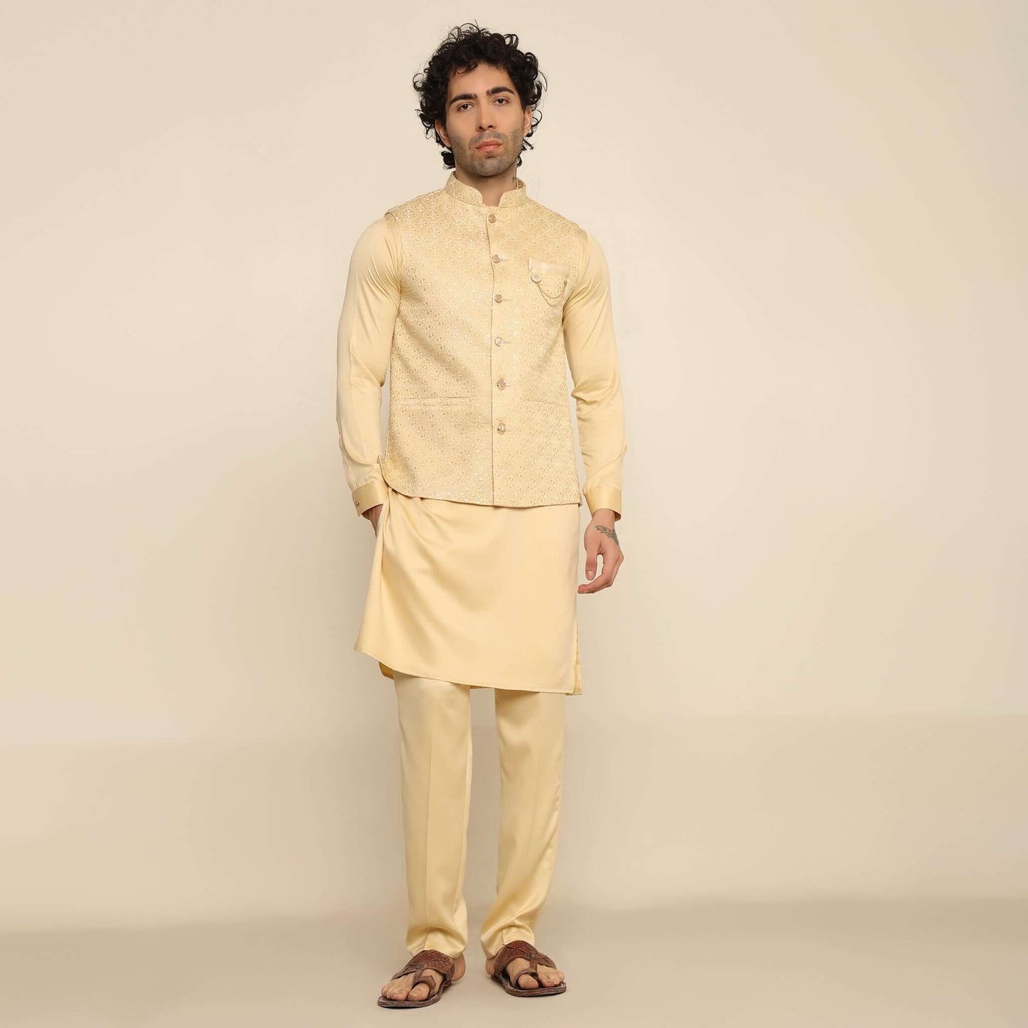 Fawn Embroidered Sequins Kurta Koti Set for Men