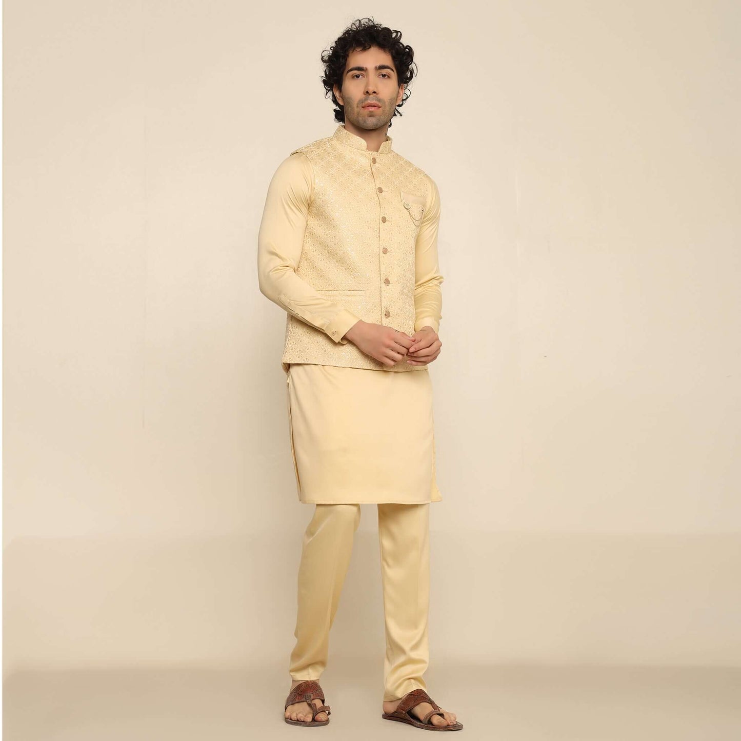Fawn Embroidered Sequins Kurta Koti Set for Men