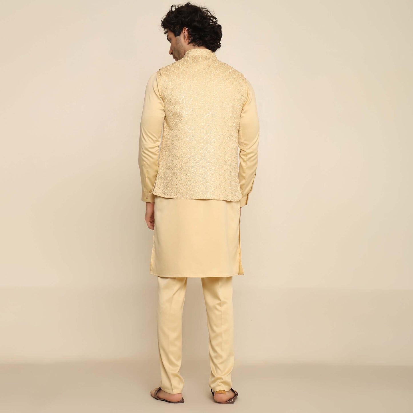 Fawn Embroidered Sequins Kurta Koti Set for Men