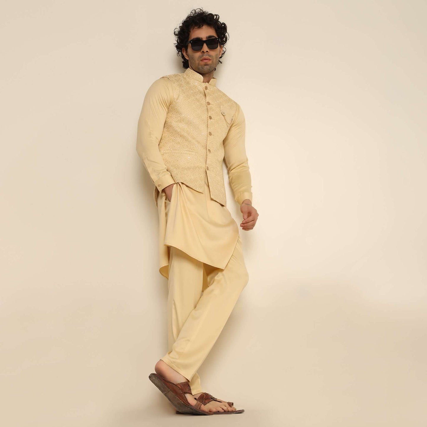 Fawn Embroidered Sequins Kurta Koti Set for Men