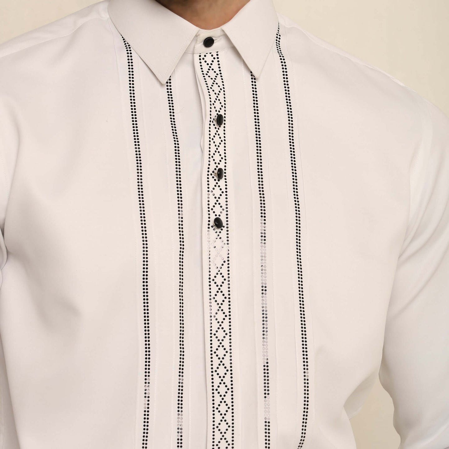 Pleated Crystal Designer White Tuxedo Shirt for Men which is made up of satin and has pleats & crystal work at the front. Perfect designer formal wear white shirt for weddings and black tie events by Crease India.