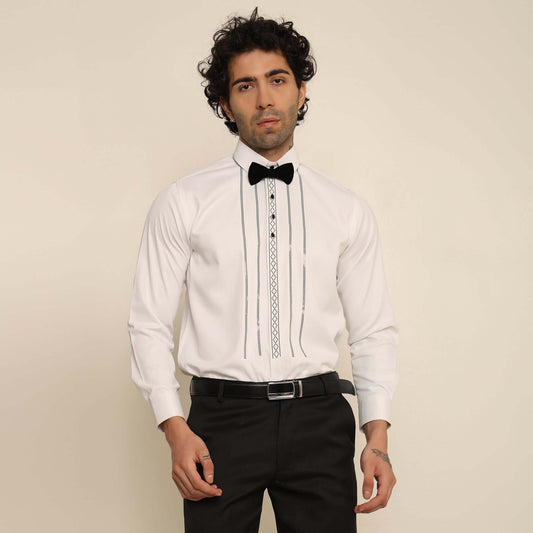 Model Close Shot wearing Pleated Crystal Designer White Tuxedo Shirt for Men by Crease India, which is perfect formal wear white shirt for wedding reception and black tie events.