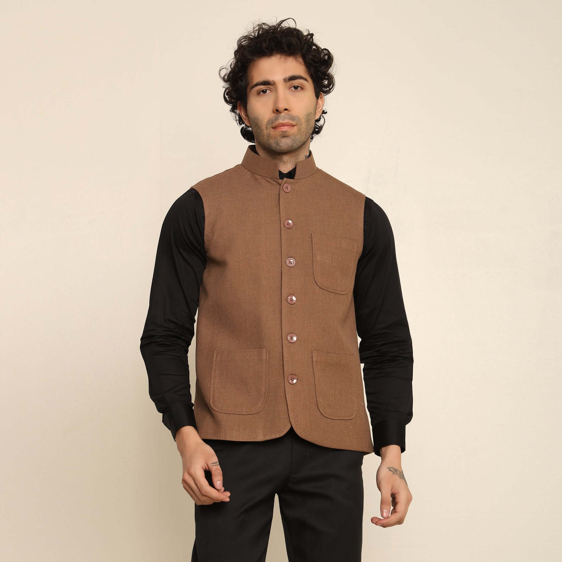 Tan Pashmina Nehru Jacket for Men which has classic 3-pocket design. Perfect mens tan formal nehru jacket for male by Crease India.