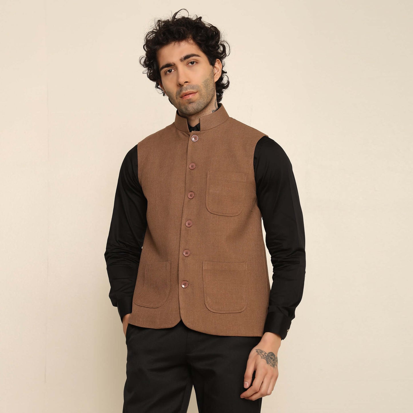 Tan Pashmina Nehru Jacket for Men which has classic 3-pocket design. Perfect mens tan formal nehru jacket for male by Crease India.