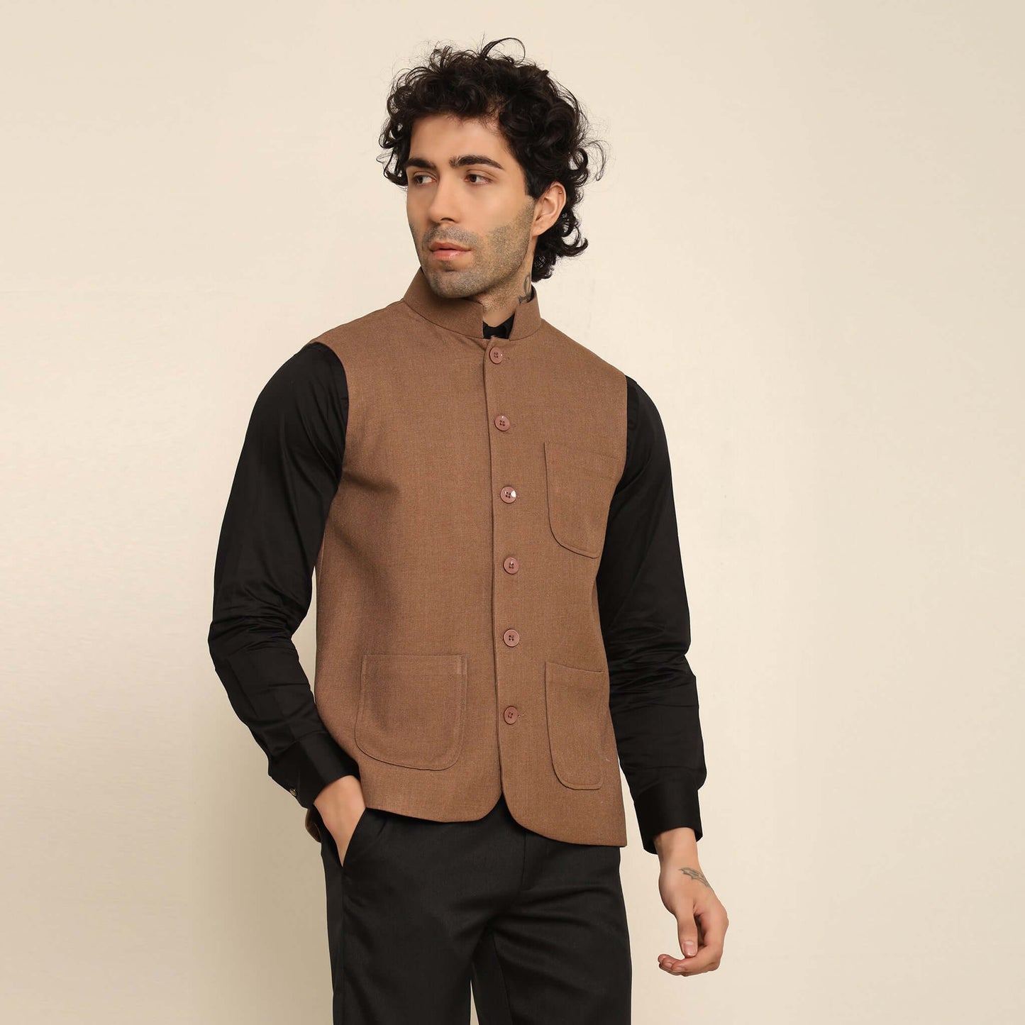 Tan Pashmina Nehru Jacket for Men which has classic 3-pocket design. Perfect mens tan formal nehru jacket for male by Crease India.