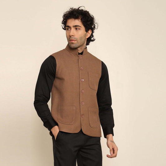 Tan Pashmina Nehru Jacket for Men which has classic 3-pocket design. Perfect mens tan formal nehru jacket for male by Crease India.