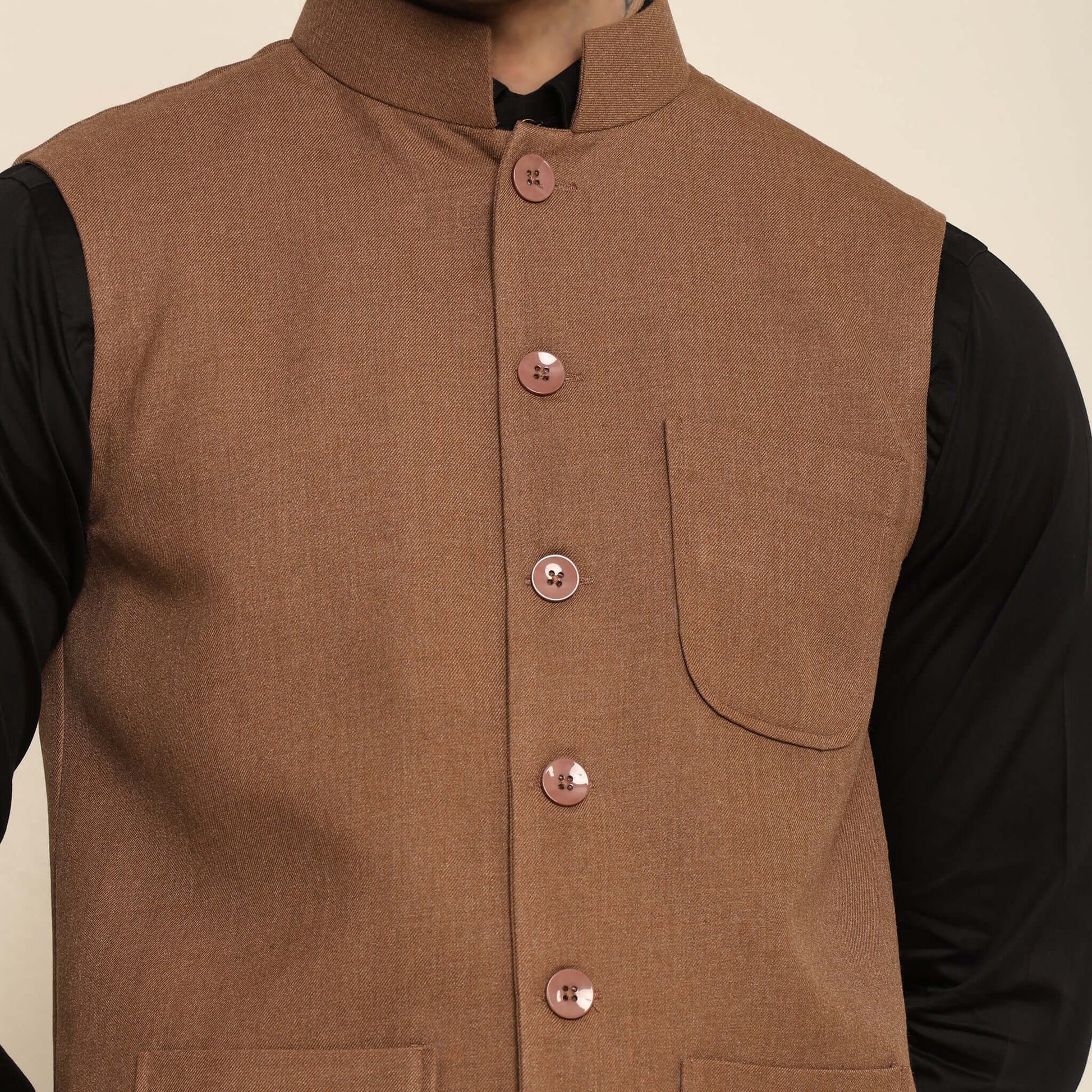 Tan Pashmina Nehru Jacket for Men which has classic 3-pocket design. Perfect mens tan formal nehru jacket for male by Crease India.