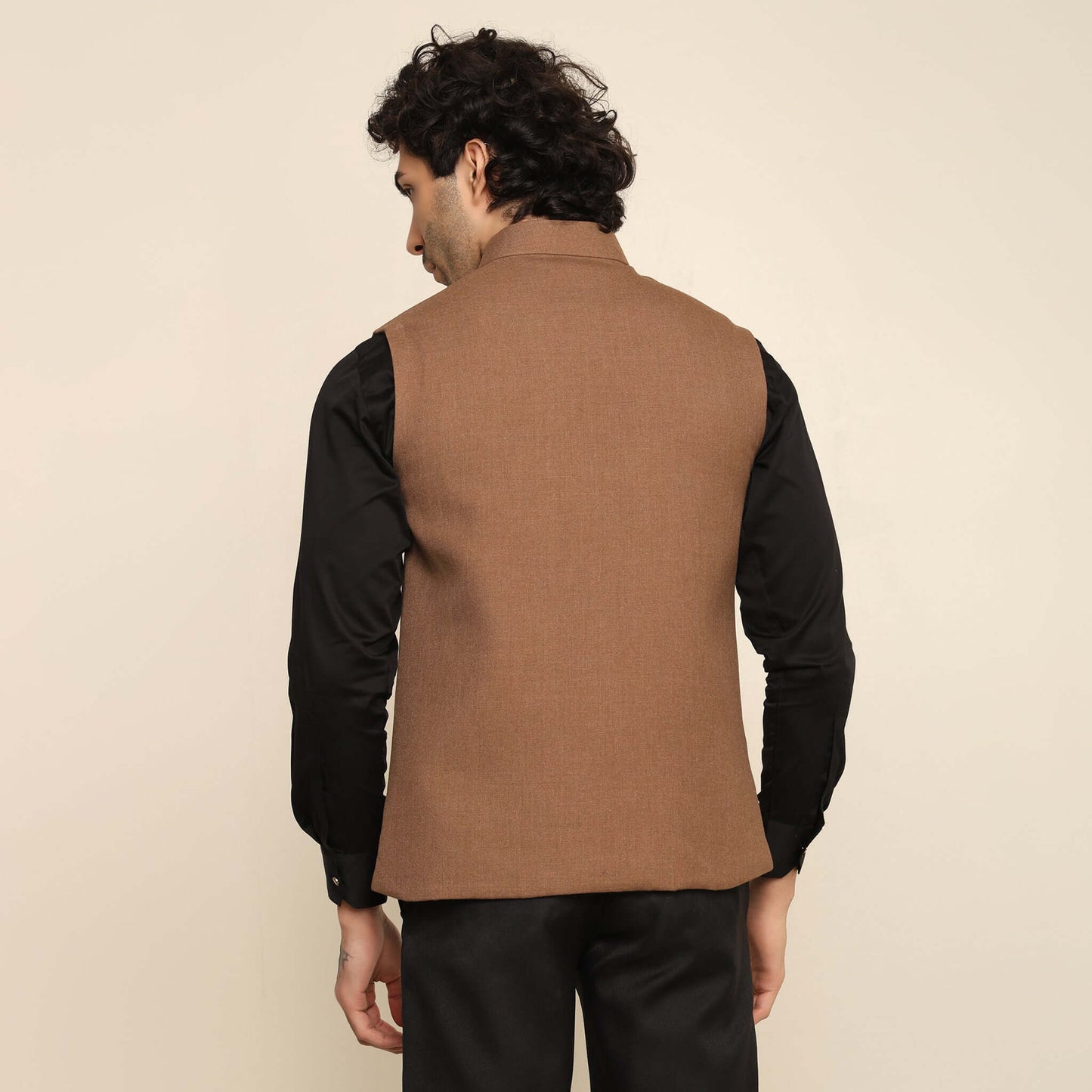 Tan Pashmina Nehru Jacket for Men which has classic 3-pocket design. Perfect mens tan formal nehru jacket for male by Crease India.