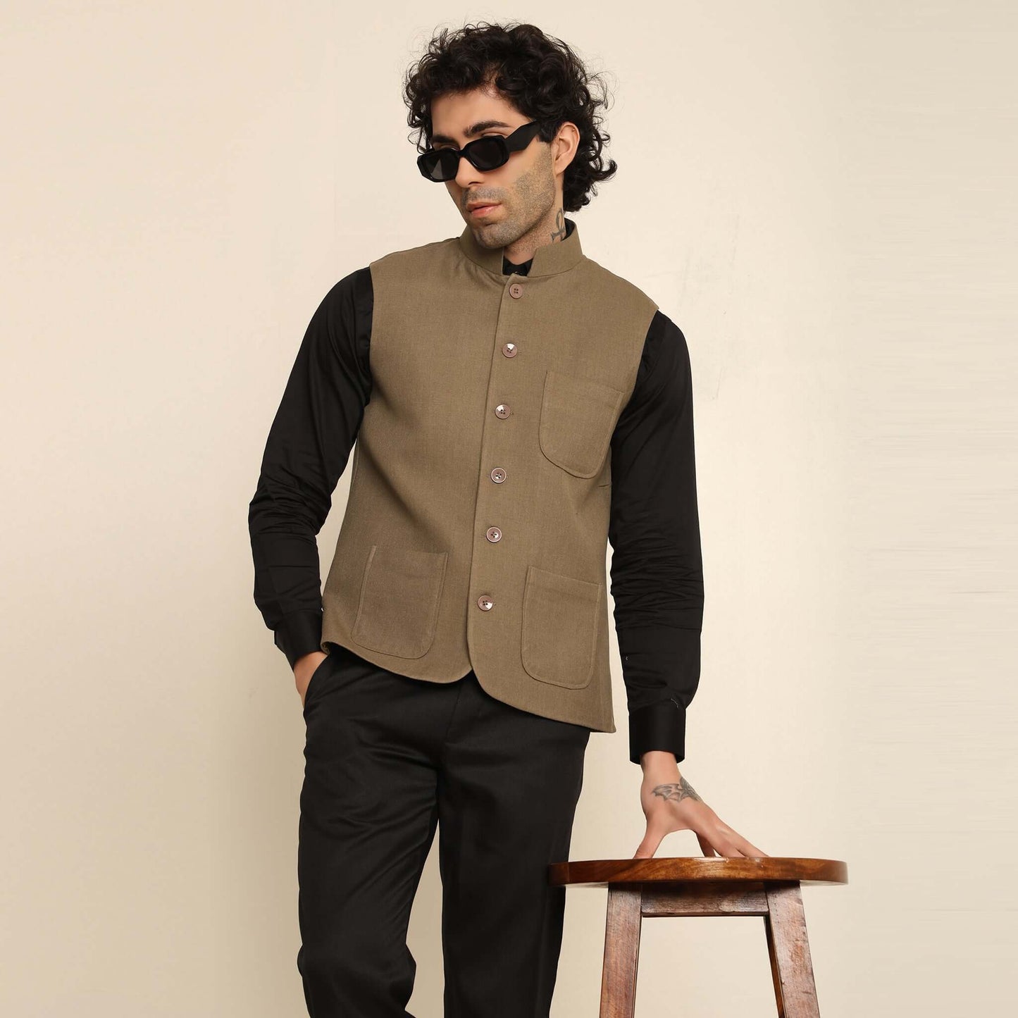 Olive Green Pashmina Nehru Jacket for Men which has classic 3-pocket design. Perfect mens olive green formal nehru jacket for male by Crease India.