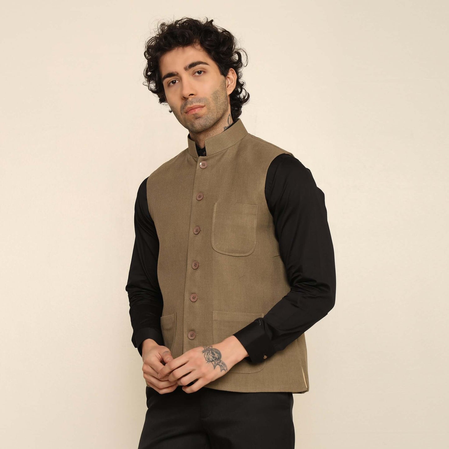Olive Green Pashmina Nehru Jacket for Men which has classic 3-pocket design. Perfect mens olive green formal nehru jacket for male by Crease India.