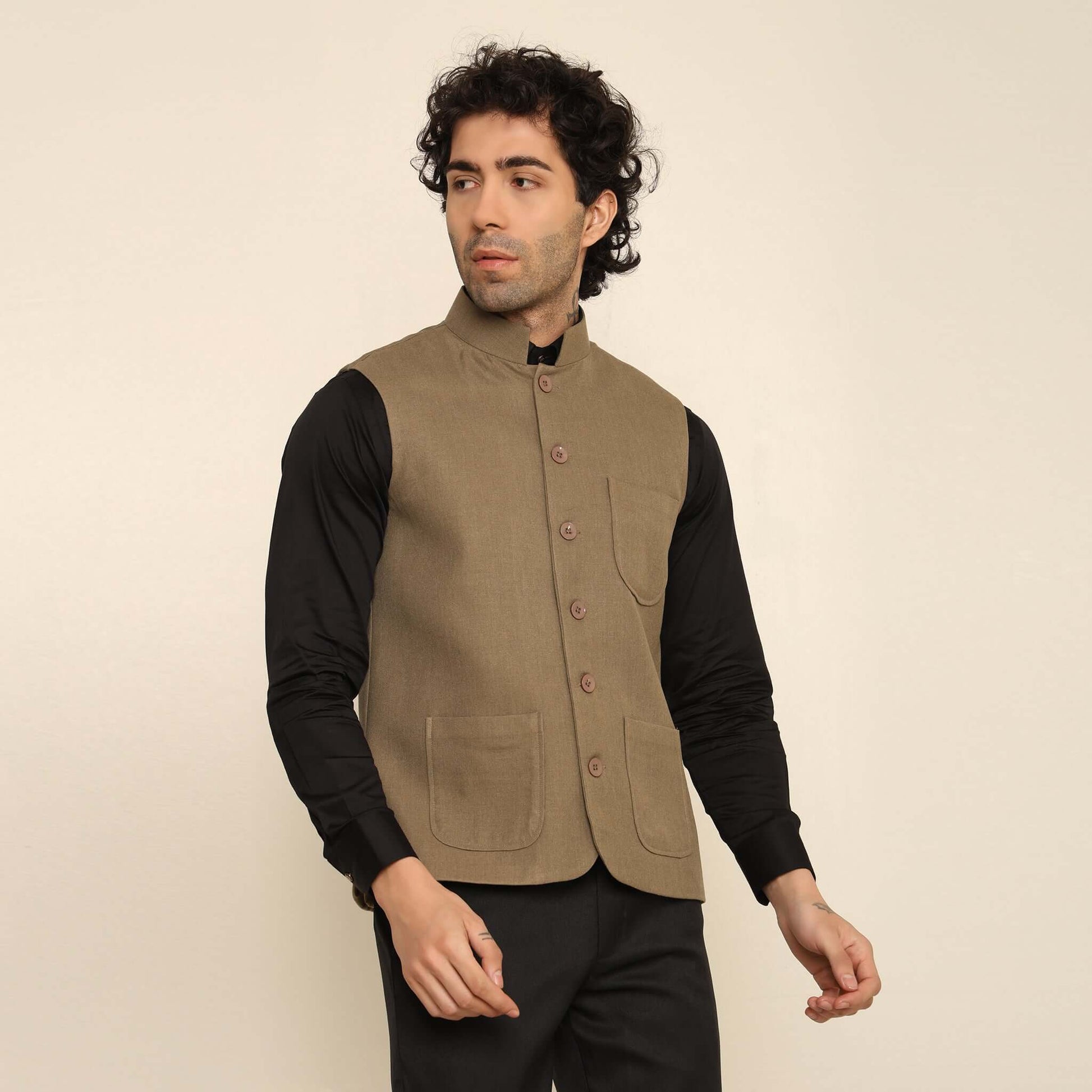 Olive Green Pashmina Nehru Jacket for Men which has classic 3-pocket design. Perfect mens olive green formal nehru jacket for male by Crease India.