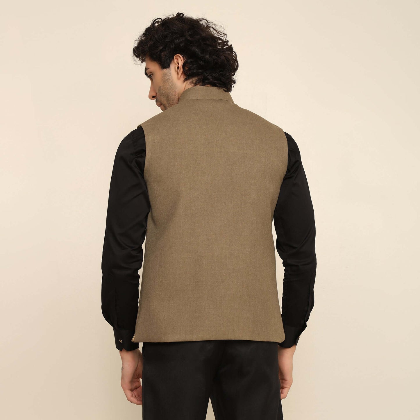 Olive Green Pashmina Nehru Jacket for Men which has classic 3-pocket design. Perfect mens olive green formal nehru jacket for male by Crease India.