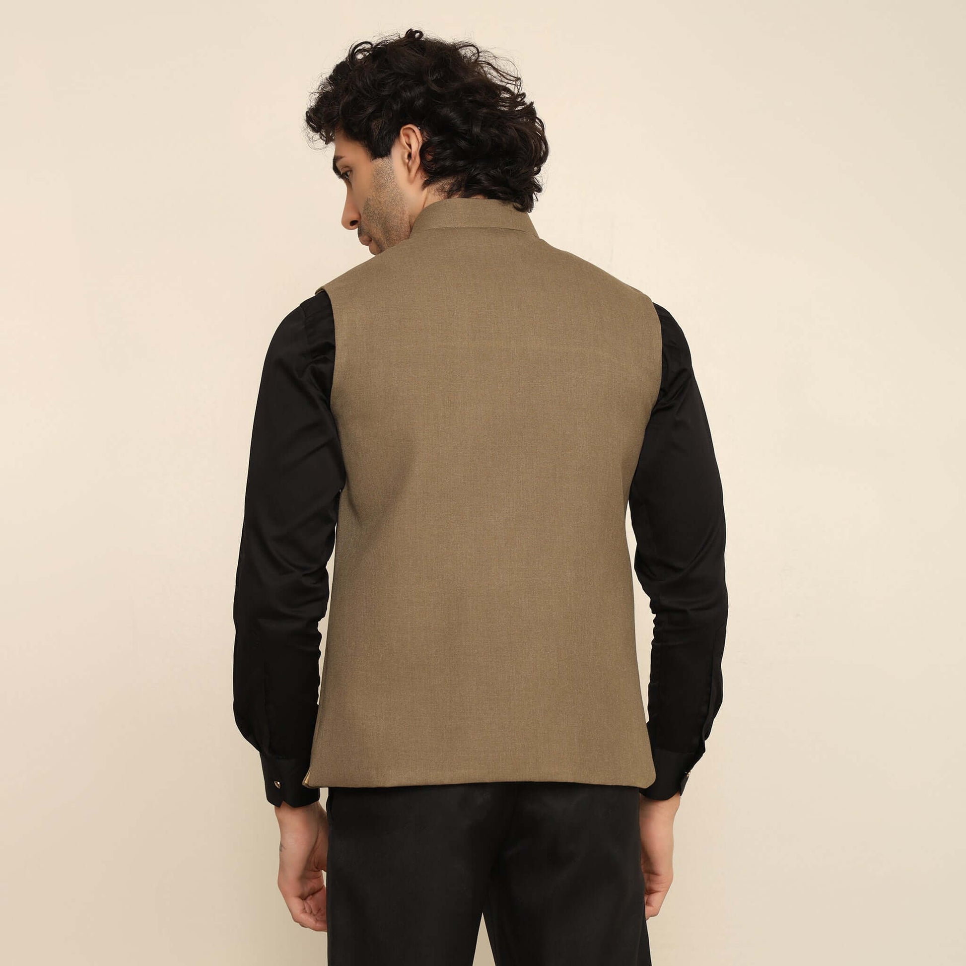 Olive Green Pashmina Nehru Jacket for Men which has classic 3-pocket design. Perfect mens olive green formal nehru jacket for male by Crease India.