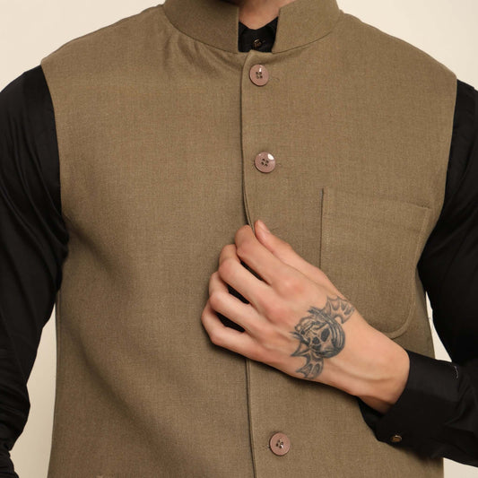 Olive Green Pashmina Nehru Jacket for Men which has classic 3-pocket design. Perfect mens olive green formal nehru jacket for male by Crease India.