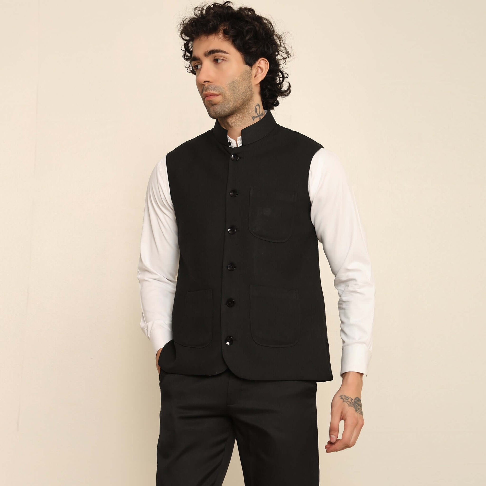 Black Pashmina Nehru Jacket for Men which has classic 3-pocket design. Perfect mens black formal nehru jacket for male by Crease India.