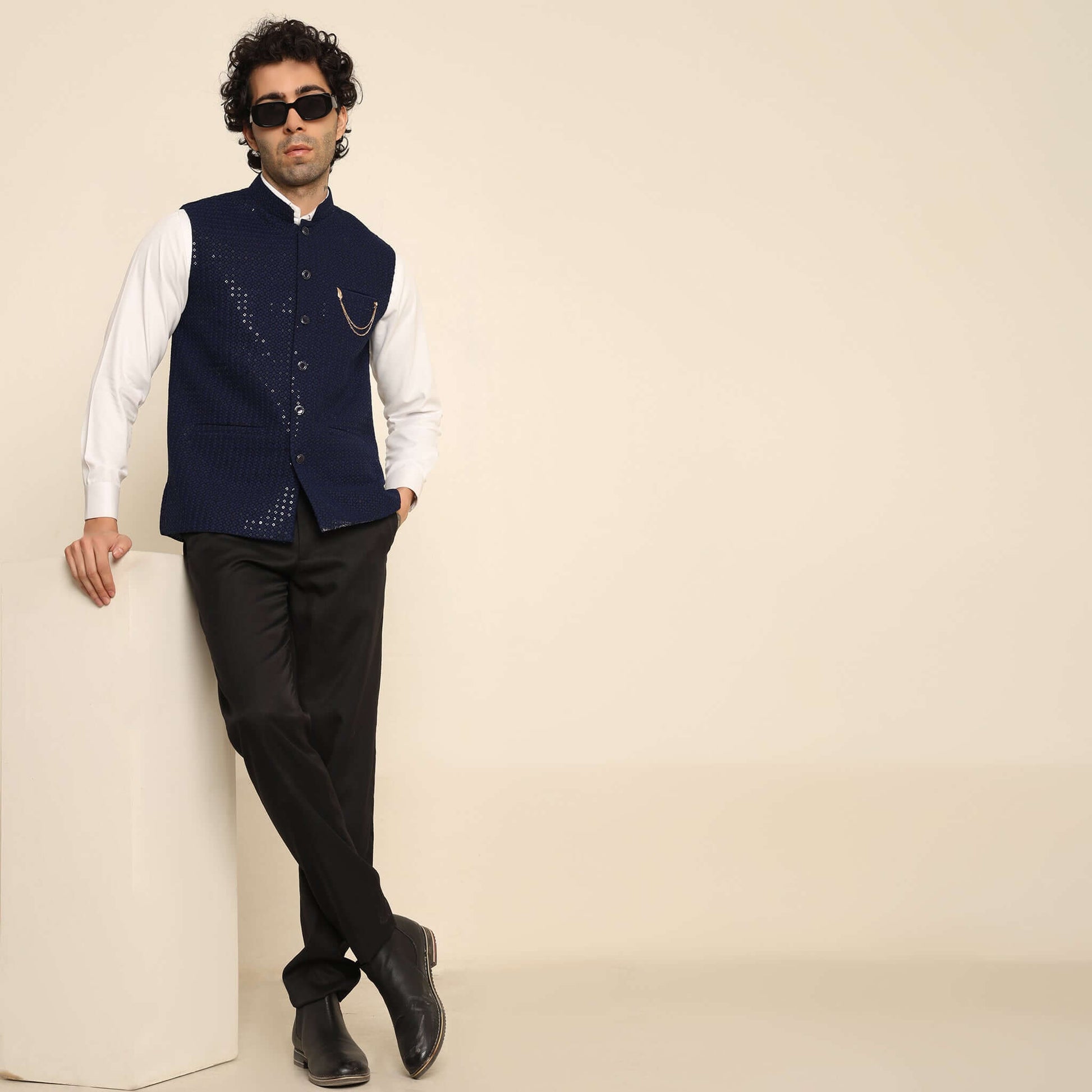 Blue Sequins Embellished Chikankari Nehru Jacket which has chikankari and sequins work. Perfect mens blue wedding nehru jacket for male by Crease India.