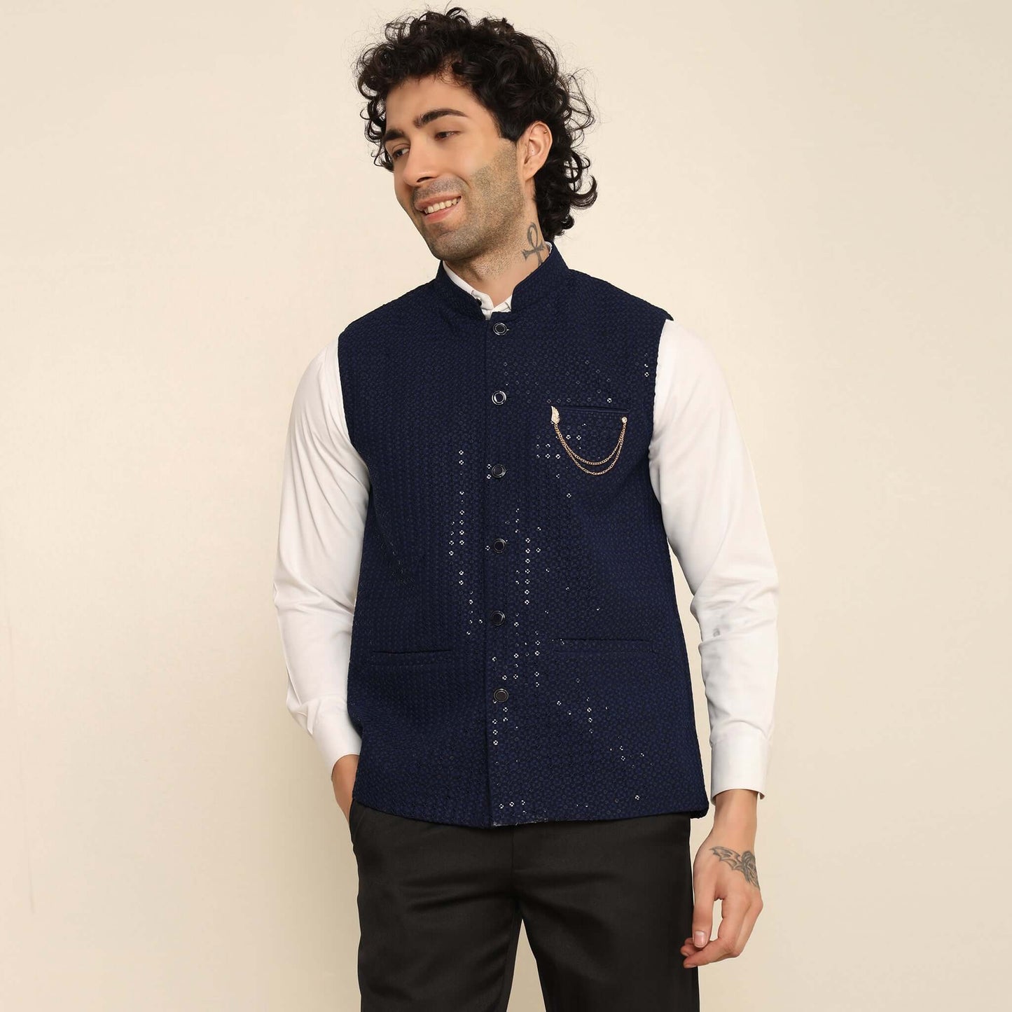 Blue Sequins Embellished Chikankari Nehru Jacket which has chikankari and sequins work. Perfect mens blue wedding nehru jacket for male by Crease India.