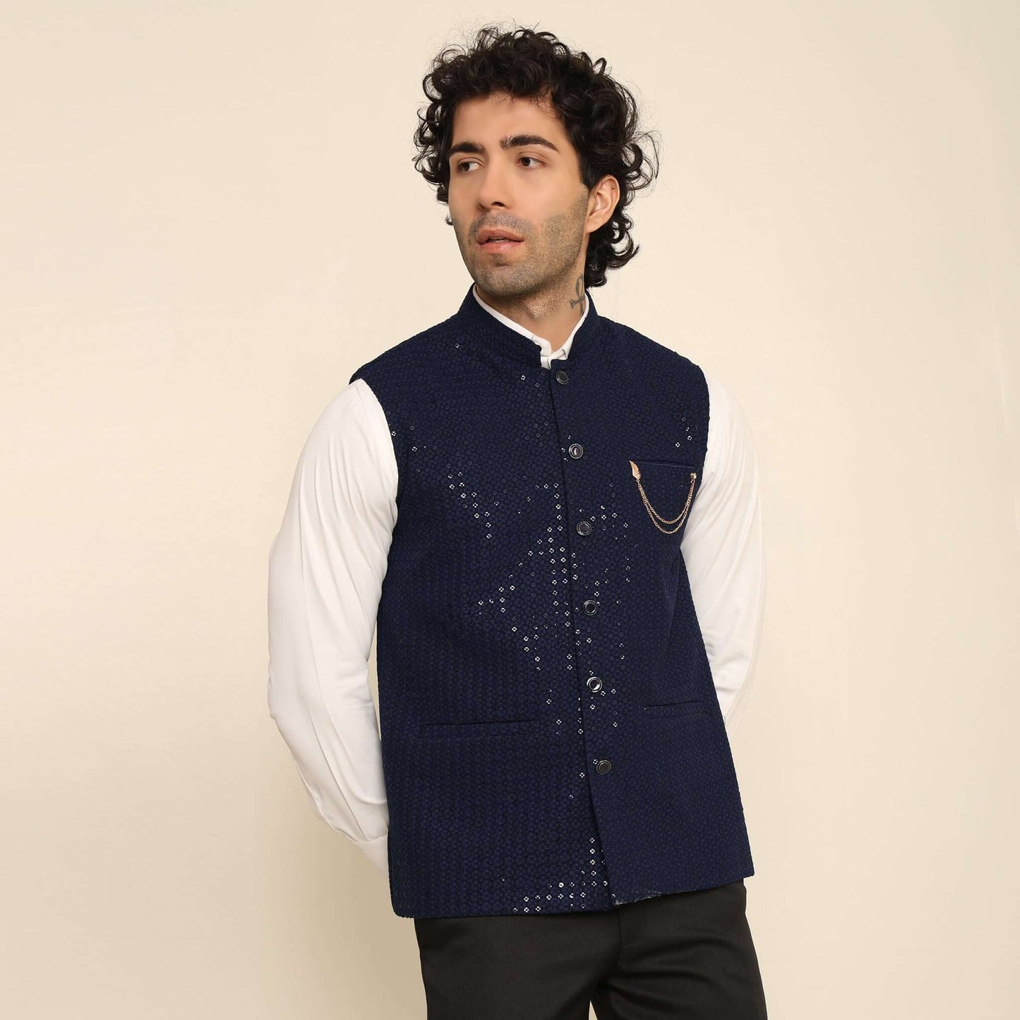 Blue Sequins Embellished Chikankari Nehru Jacket which has chikankari and sequins work. Perfect mens blue wedding nehru jacket for male by Crease India.