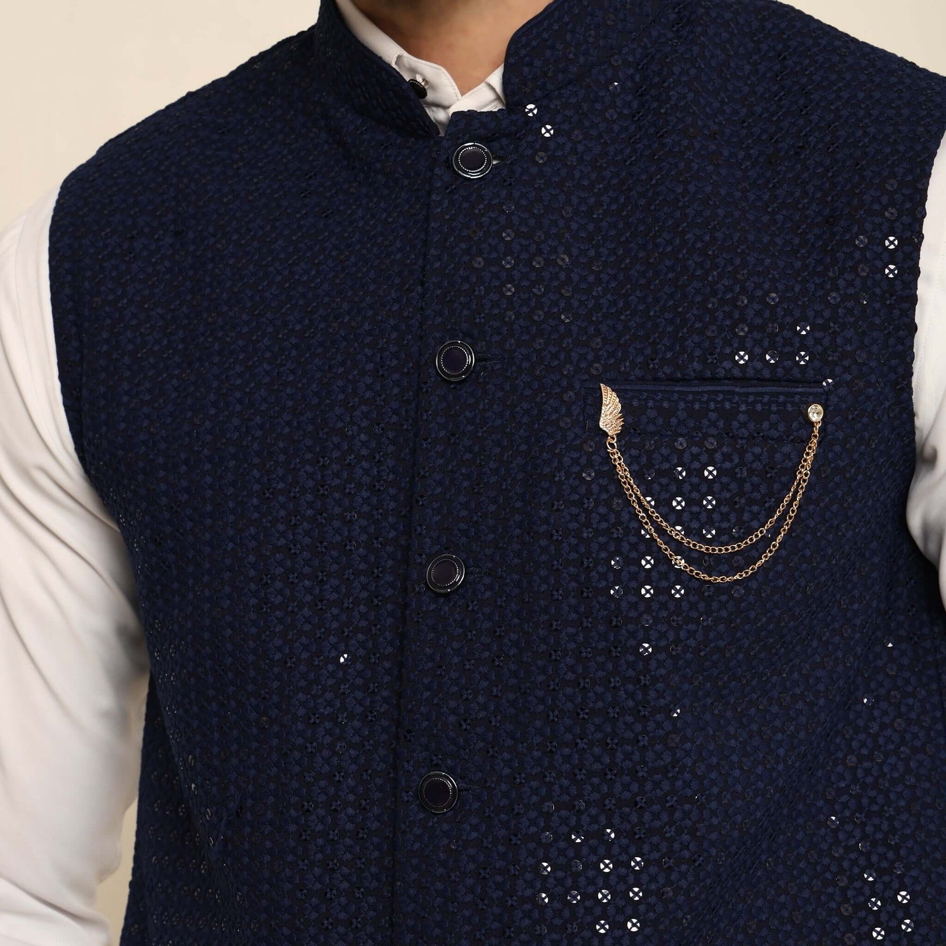 Blue Sequins Embellished Chikankari Nehru Jacket which has chikankari and sequins work. Perfect mens blue wedding nehru jacket for male by Crease India.