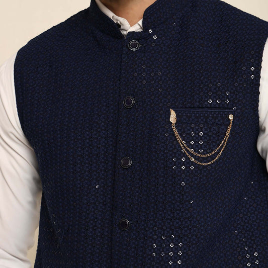 Blue Sequins Embellished Chikankari Nehru Jacket which has chikankari and sequins work. Perfect mens blue wedding nehru jacket for male by Crease India.