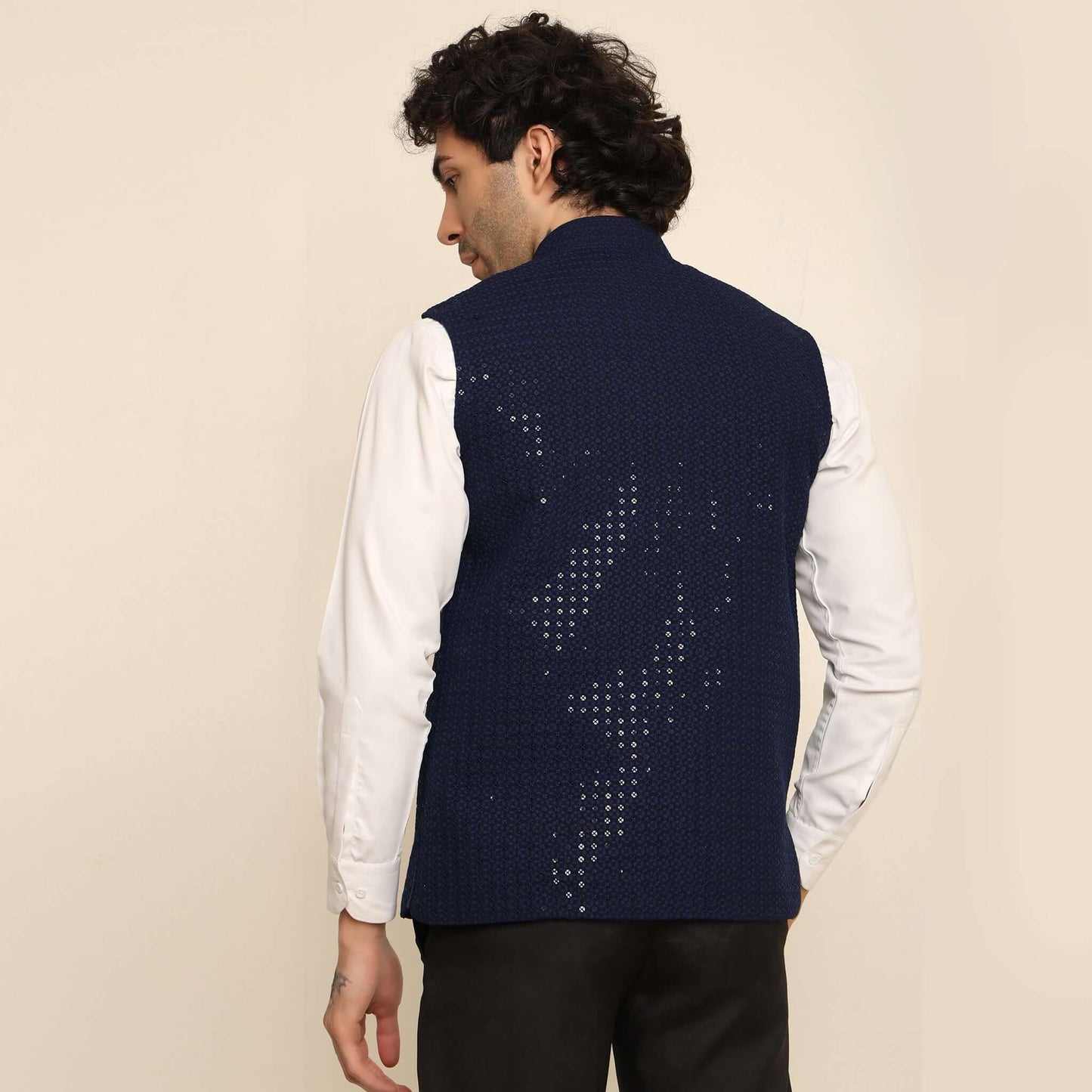 Blue Sequins Embellished Chikankari Nehru Jacket which has chikankari and sequins work. Perfect mens blue wedding nehru jacket for male by Crease India.