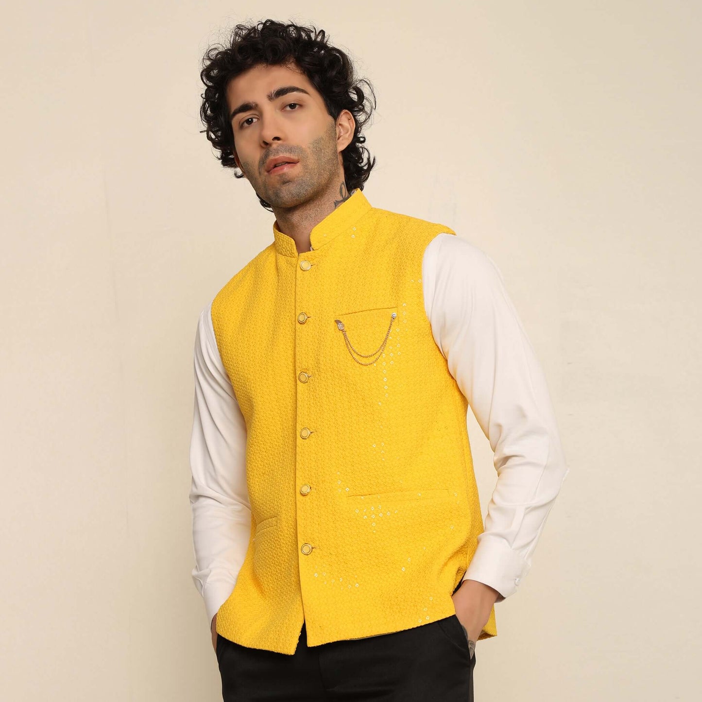 Yellow Sequins Embellished Chikankari Nehru Jacket which has chikankari and sequins work. Perfect mens yellow wedding nehru jacket for male by Crease India.