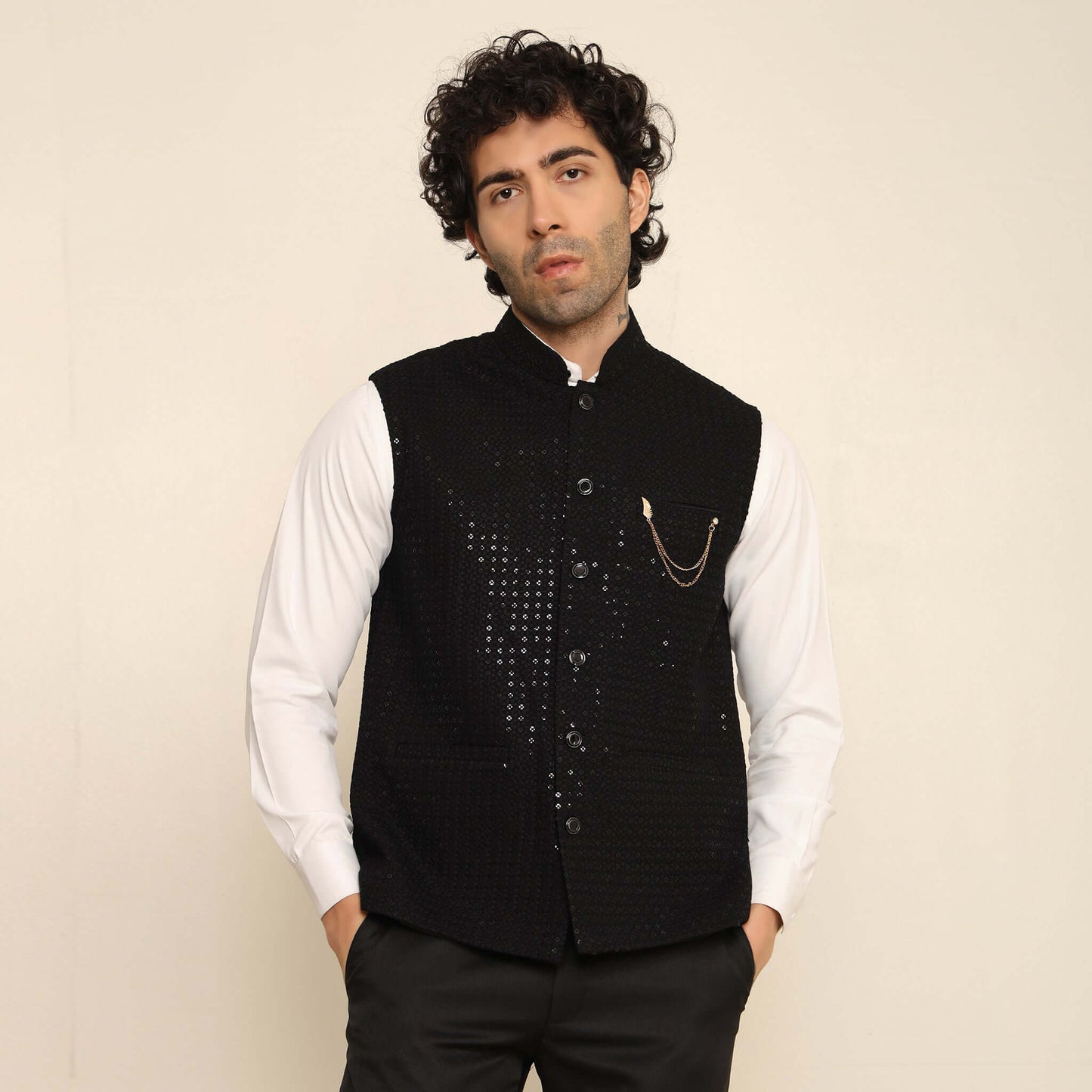 Black Sequins Embellished Chikankari Nehru Jacket which has chikankari and sequins work. Perfect mens black wedding nehru jacket for male by Crease India.