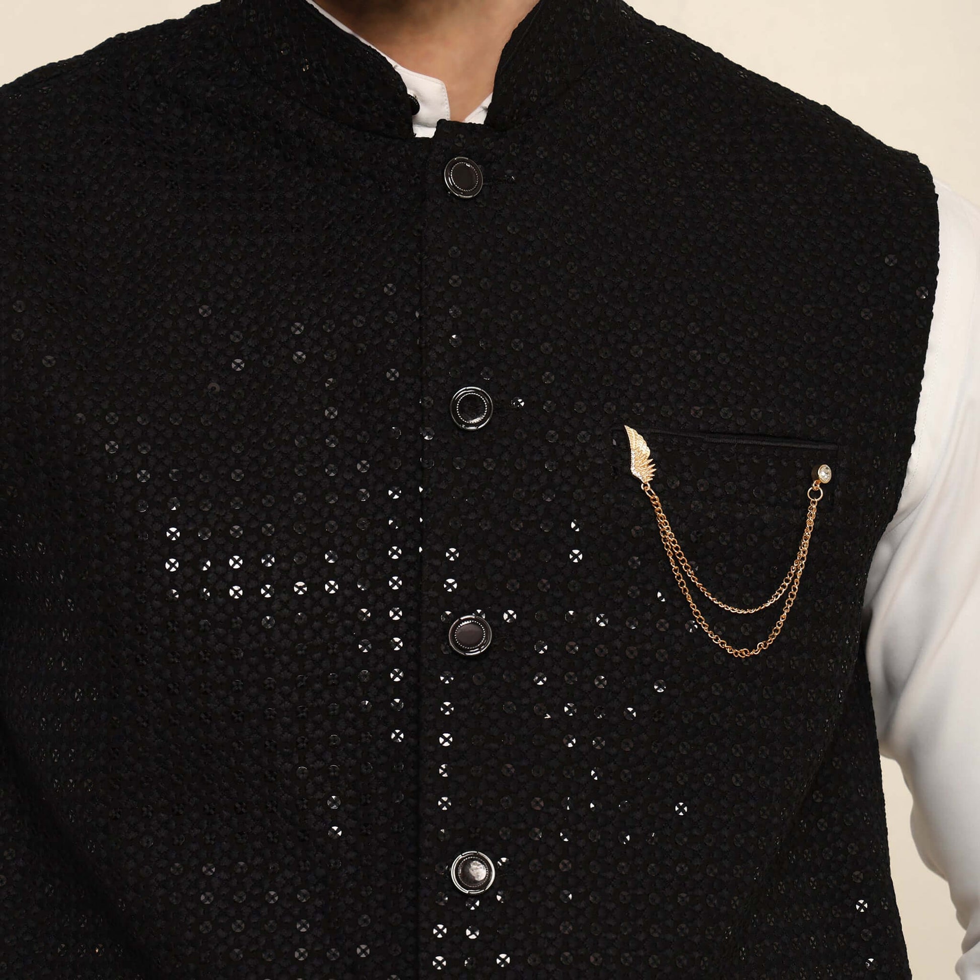 Black Sequins Embellished Chikankari Nehru Jacket which has chikankari and sequins work. Perfect mens black wedding nehru jacket for male by Crease India.