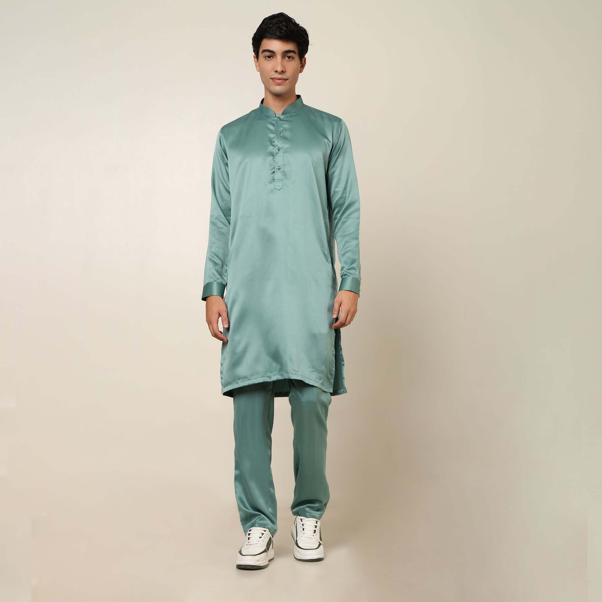 Light Sea Green kurta with nehru jacket for men which is made up of satin and has embroidery on it. Shop this light sea green designer wedding kurta jacket set for male from Crease India website.