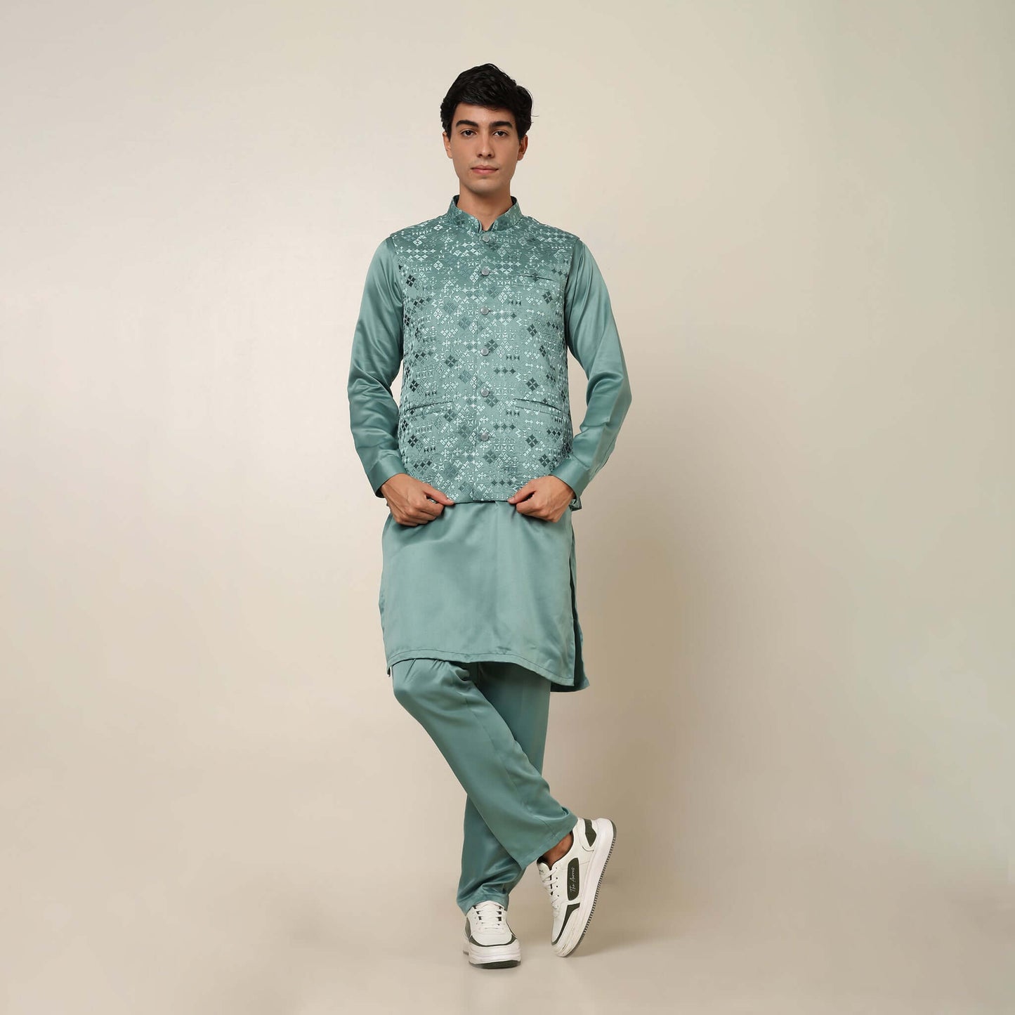 Light Sea Green kurta with nehru jacket for men which is made up of satin and has embroidery on it. Shop this light sea green designer wedding kurta jacket set for male from Crease India website.