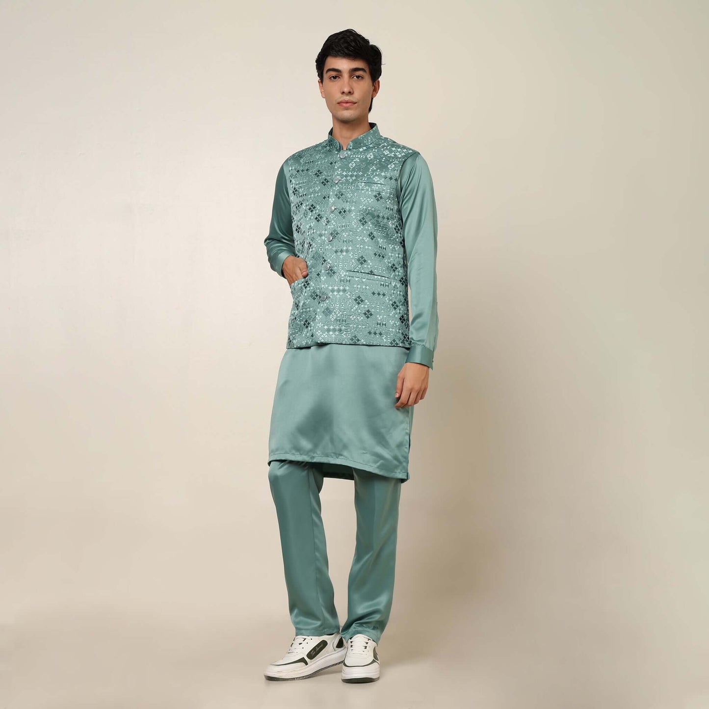 Light Sea Green kurta with nehru jacket for men which is made up of satin and has embroidery on it. Shop this light sea green designer wedding kurta jacket set for male from Crease India website.