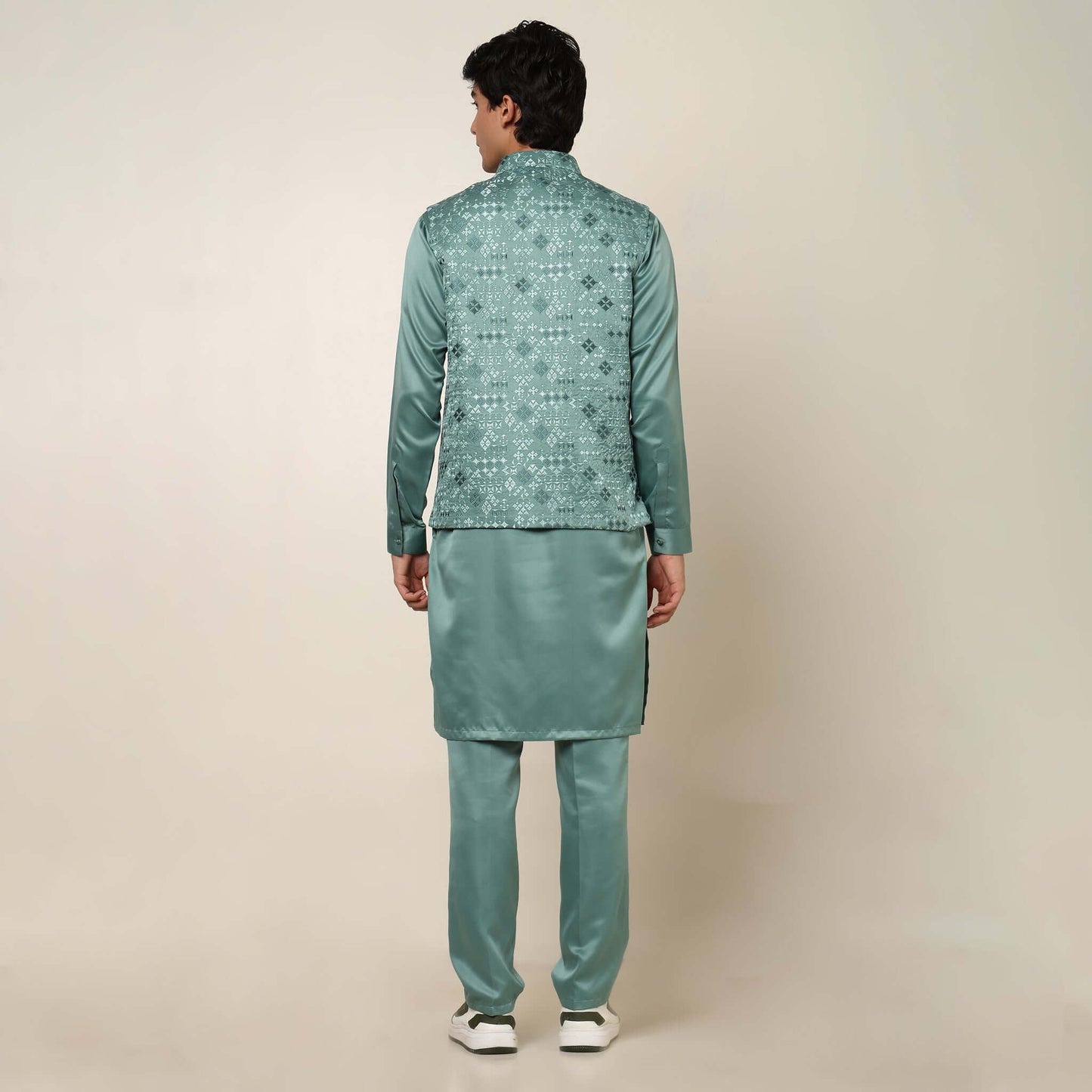 Light Sea Green kurta with nehru jacket for men which is made up of satin and has embroidery on it. Shop this light sea green designer wedding kurta jacket set for male from Crease India website.