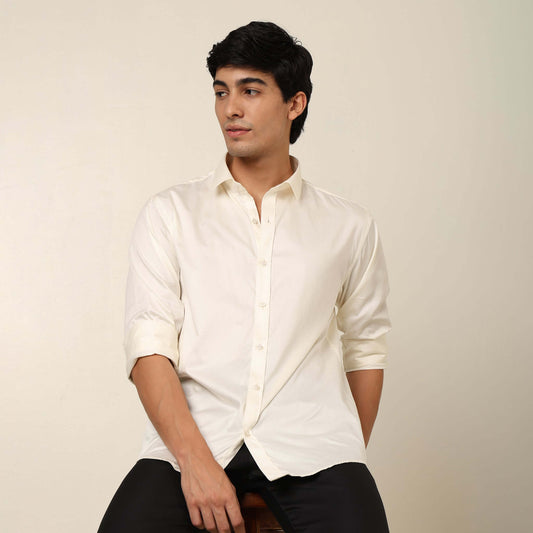 Comfy & Casual Crispy Cream  Cotton Satin Shirt. Regular Fit, Long Sleeves. Perfect Pool Party, Brunches, After Party, Date Night & Travel Shirt. Brand- Crease India