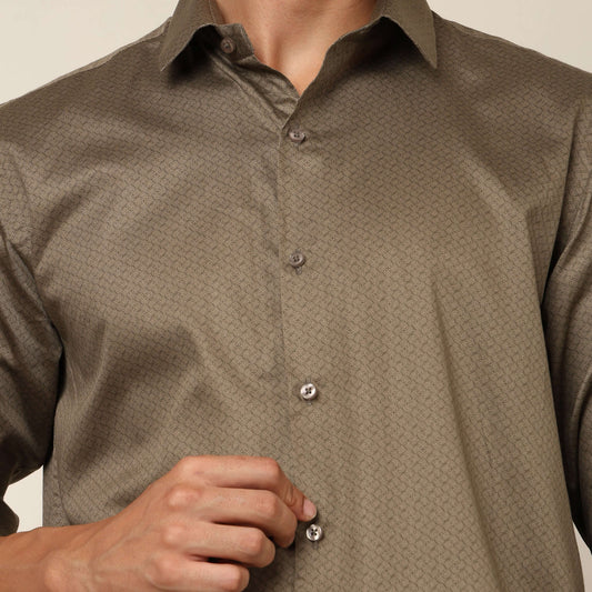 Comfy & Casual Olive Green Cotton Satin Printed Shirt. Regular Fit, Long Sleeves. Perfect Pool Party, Brunches, After Party, Date Night & Travel Shirt. Brand- Crease India