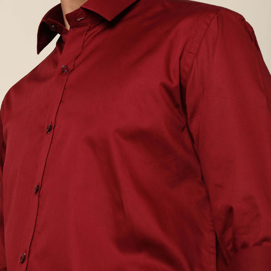 Comfy & Casual Blood Red Cotton Satin Shirt. Regular Fit, Long Sleeves. Perfect Pool Party, Brunches, After Party, Date Night & Travel Shirt. Brand- Crease India