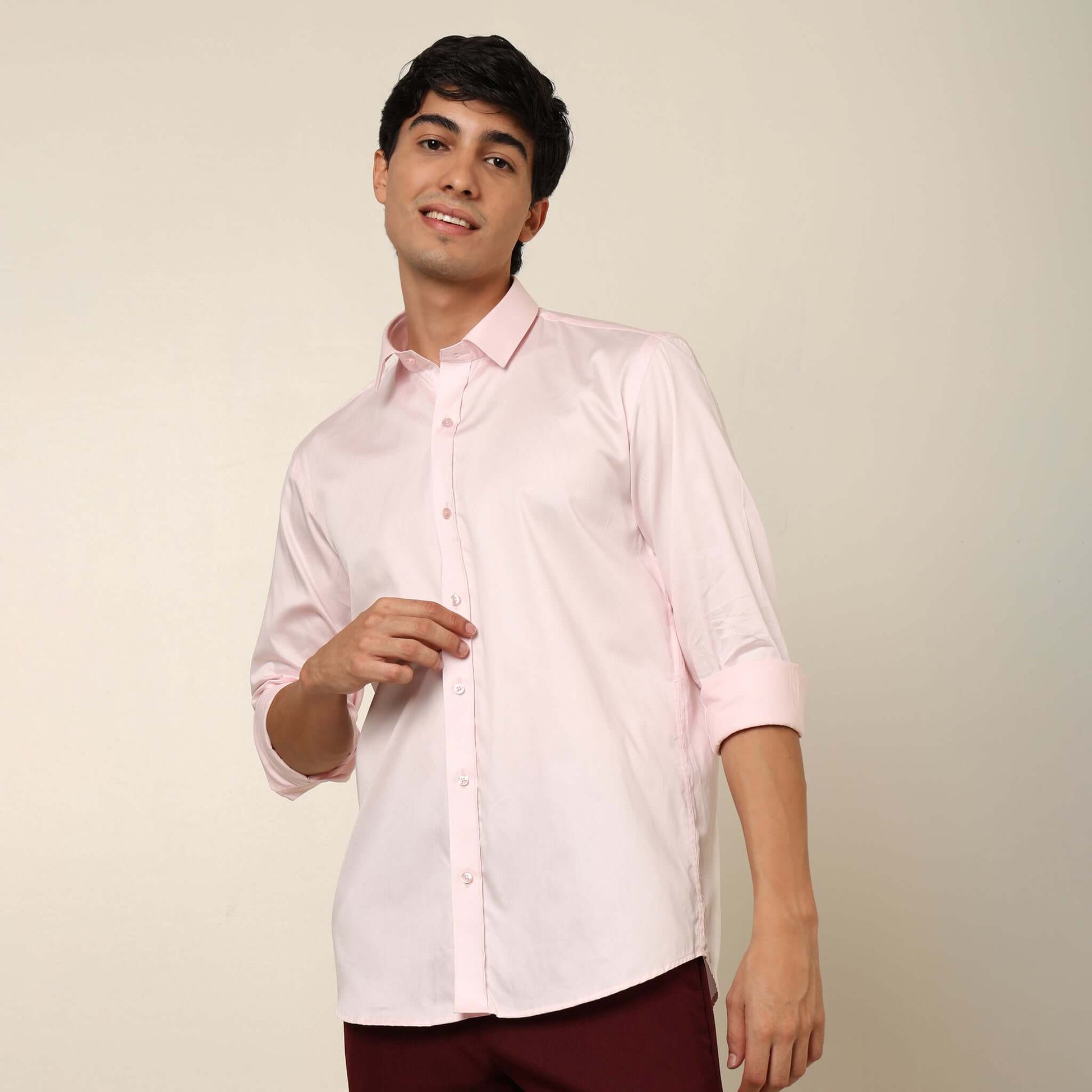 Comfy & Casual Pink Cotton Satin Shirt. Regular Fit, Long Sleeves. Perfect Pool Party, Brunches, After Party, Date Night & Travel Shirt. Brand- Crease India