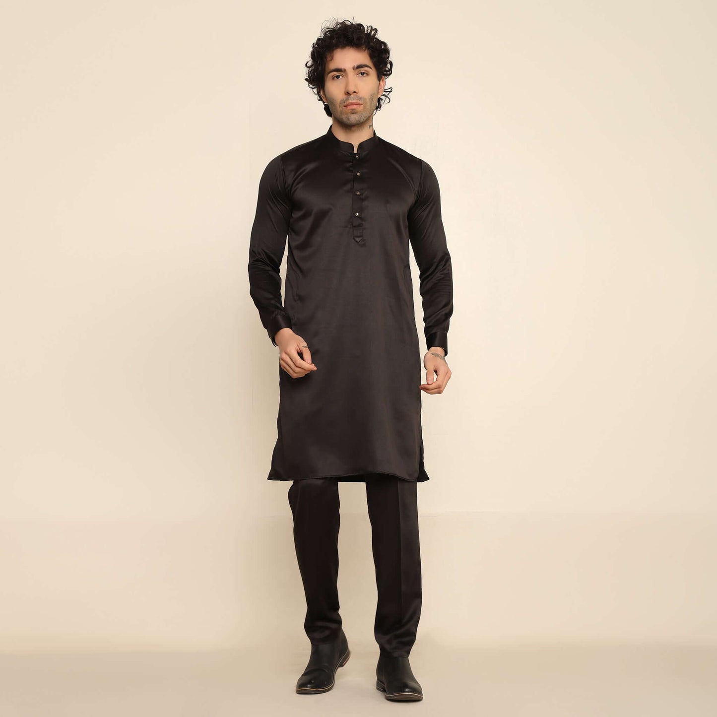 Black Sequence Chikan Embroidered Kurta Koti Set for Men