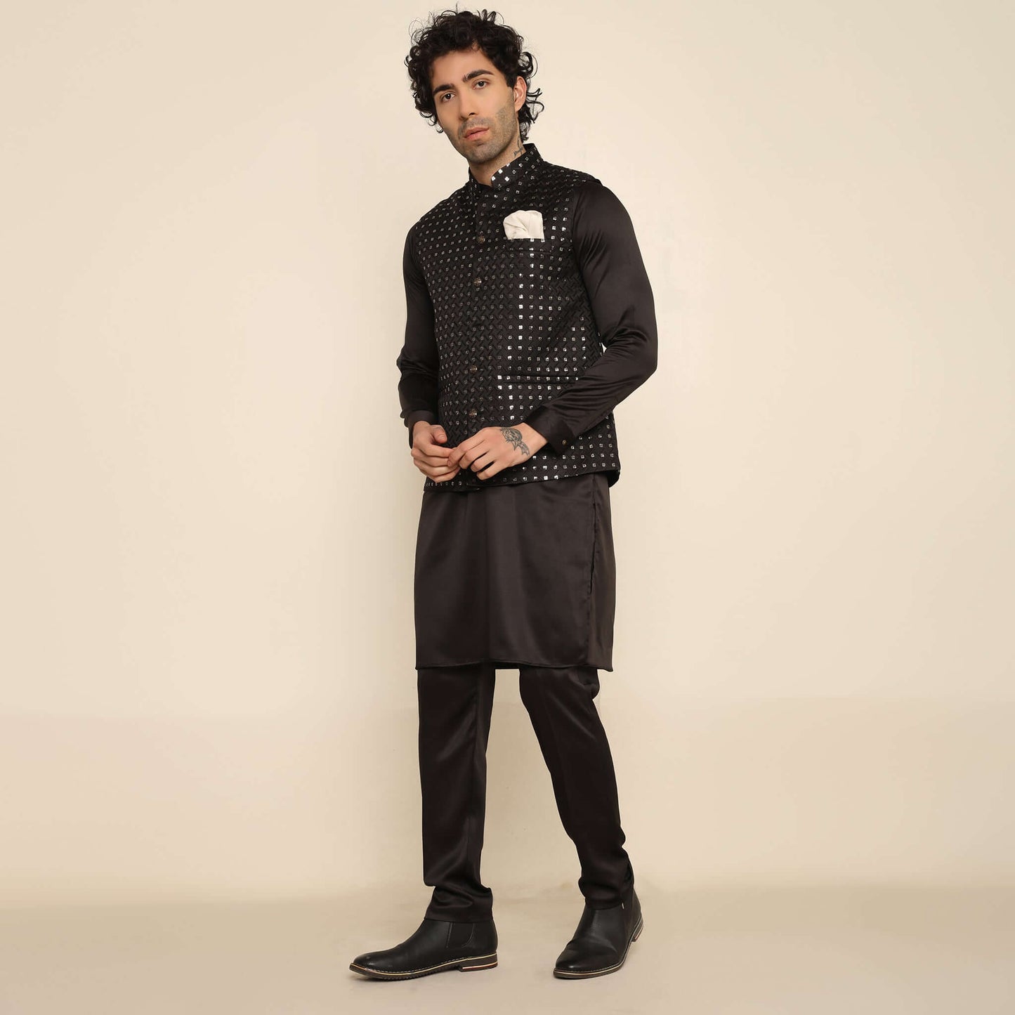 Black Sequence Chikan Embroidered Kurta Koti Set for Men
