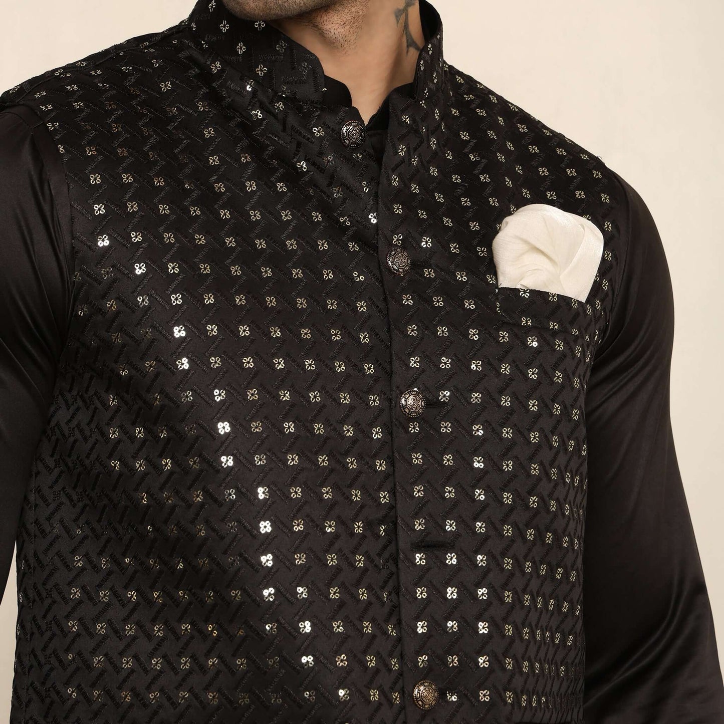 Black Sequence Chikan Embroidered Kurta Koti Set for Men