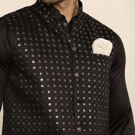 Black Sequence Chikan Embroidered Kurta Koti Set for Men