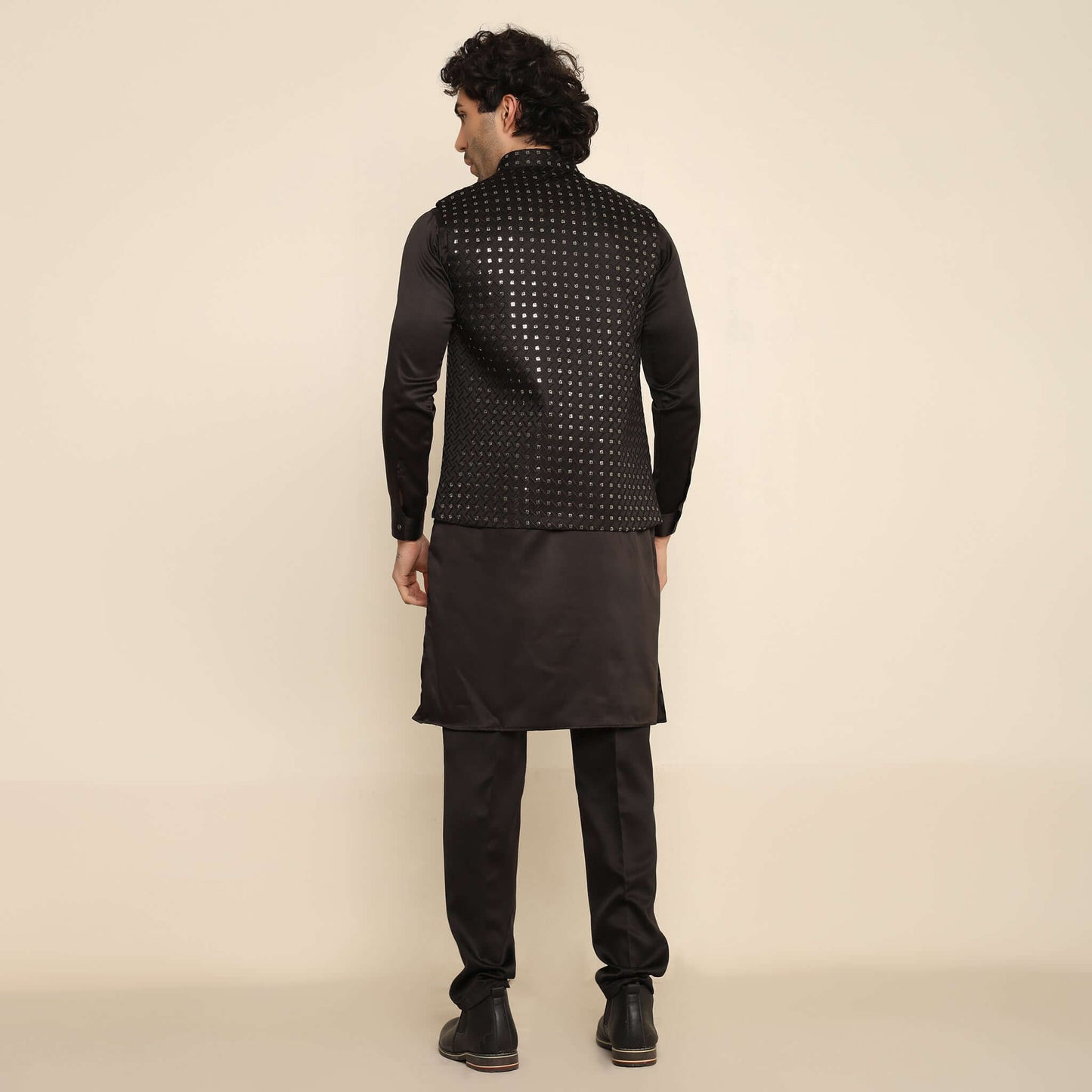 Black Sequence Chikan Embroidered Kurta Koti Set for Men