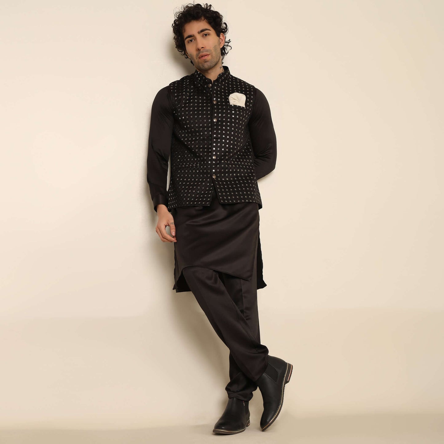 Black Sequence Chikan Embroidered Kurta Koti Set for Men