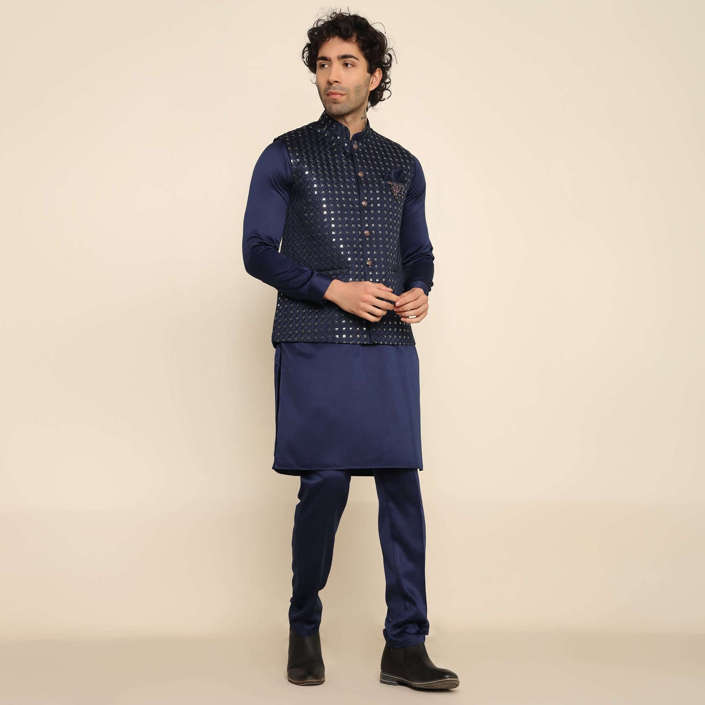 Blue Sequence Chikan Embroidered Kurta Koti Set for Men