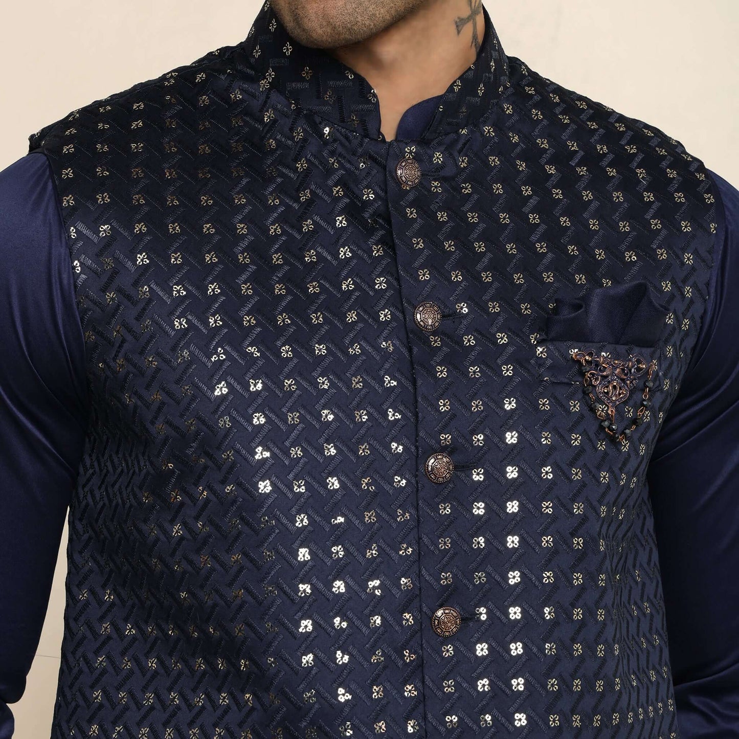 Blue Sequence Chikan Embroidered Kurta Koti Set for Men